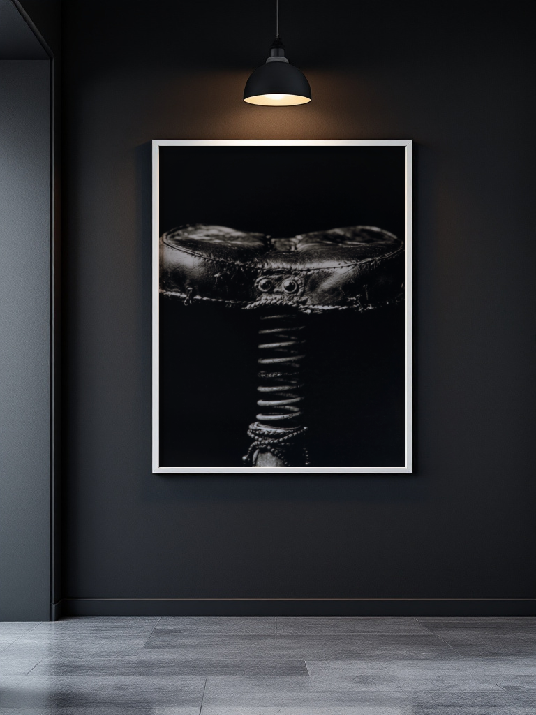 A framed black and white art print of a textured drum head hanging on a dark charcoal wall under a pendant lamp, with gray floor tiles below.