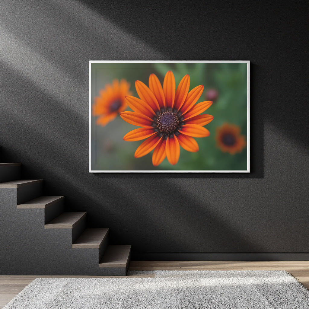 A framed wall art print featuring a bright orange flower with a dark center and blurred orange flowers in the background, displayed on a dark gray wall above a staircase in a modern interior setting.