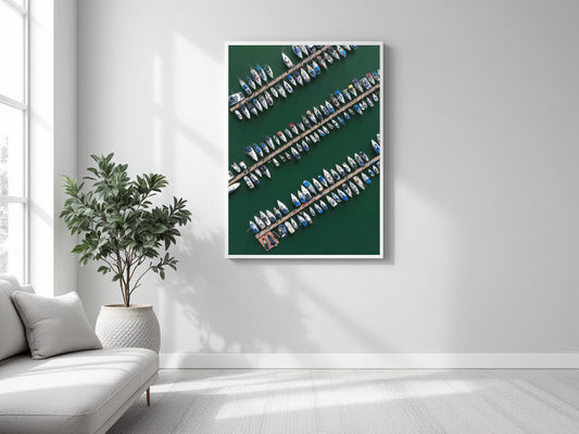 A framed aerial photograph of a marina with rows of boats on a dark green water background, displayed on a light gray wall in a modern living room setting next to a sofa and a potted plant.
