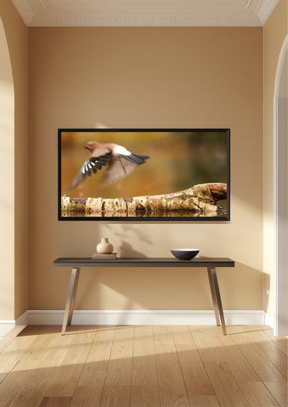 A framed wall art print showing a bird in flight over a log, displayed in a modern living room setting above a dark console table with a vase and bowl.