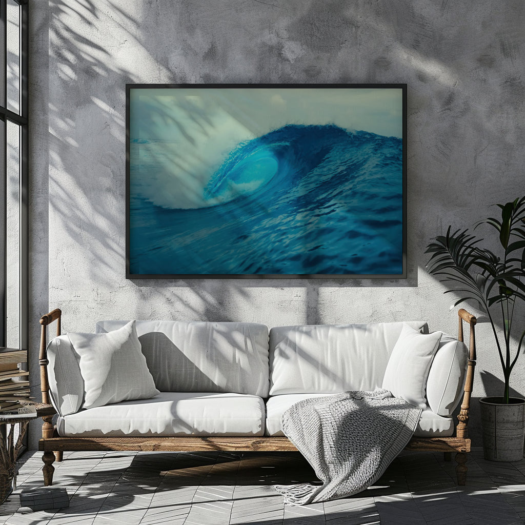 A large framed wall art print depicting a curling ocean wave in shades of blue and white, displayed above a white sofa in a modern living room setting with concrete walls and dappled sunlight.