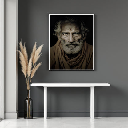 A framed black-and-white portrait print of an elderly man with a beard hangs on a dark gray wall above a white console table, with a vase of pampas grass to the left.