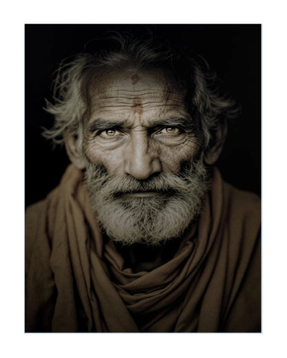 A dramatic close-up portrait of an elderly man with a gray beard and forehead mark, wearing a brown draped garment against a dark background.
