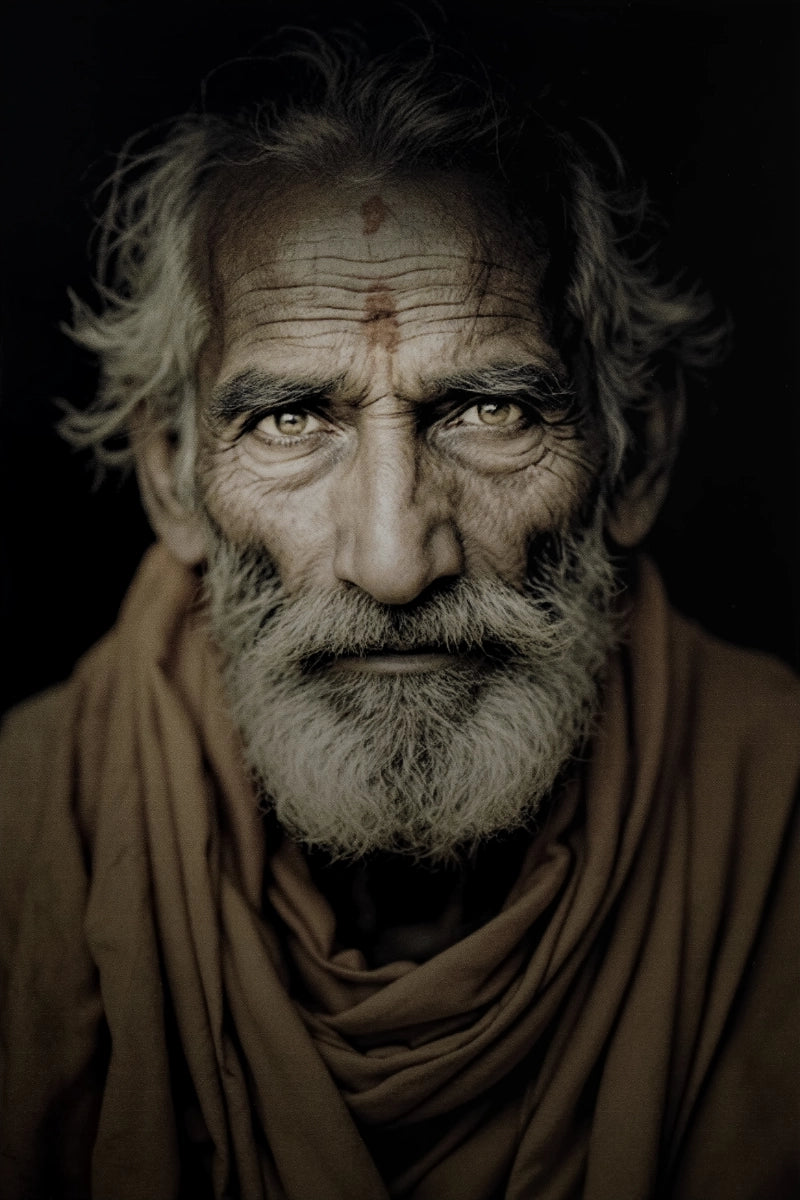 A close-up portrait of an elderly man with a gray beard and wild hair, wearing a draped brown garment against a dark background.