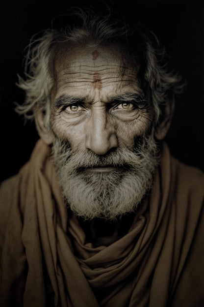 A close-up portrait of an elderly man with a gray beard and wild hair, wearing a draped brown garment against a dark background.