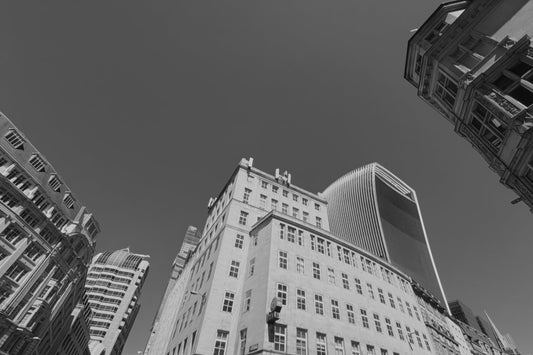 Black and white architectural photograph of city buildings, featuring a prominent classical building in the center with surrounding modern structures and a large open sky.
