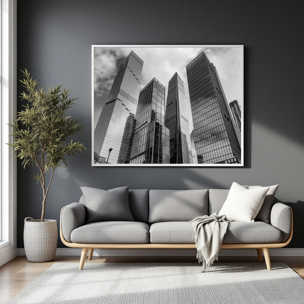 A large black and white framed canvas print of modern skyscrapers hangs on a dark gray wall above a contemporary gray sofa in a styled living room.