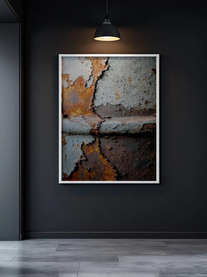 A framed abstract art print depicting peeling rust and weathered metal textures, displayed on a dark gray wall under a hanging black lamp.