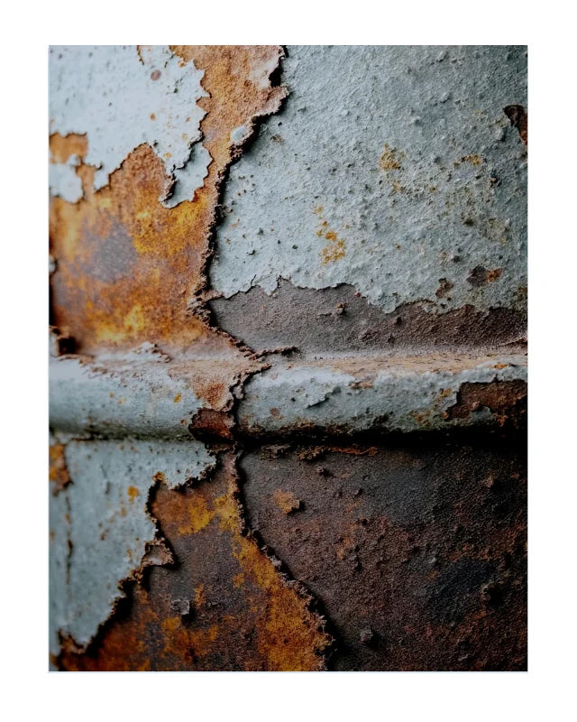 Abstract close-up of peeling weathered paint on a metal surface, showing rusted orange-brown areas over a gray and dark blue-gray base.