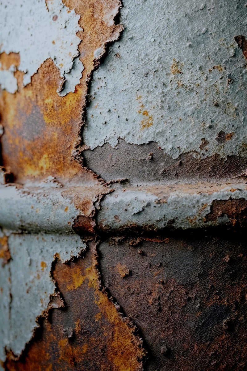 Close-up of a weathered metal surface with peeling light gray paint and extensive rust in orange, brown, and dark tones.