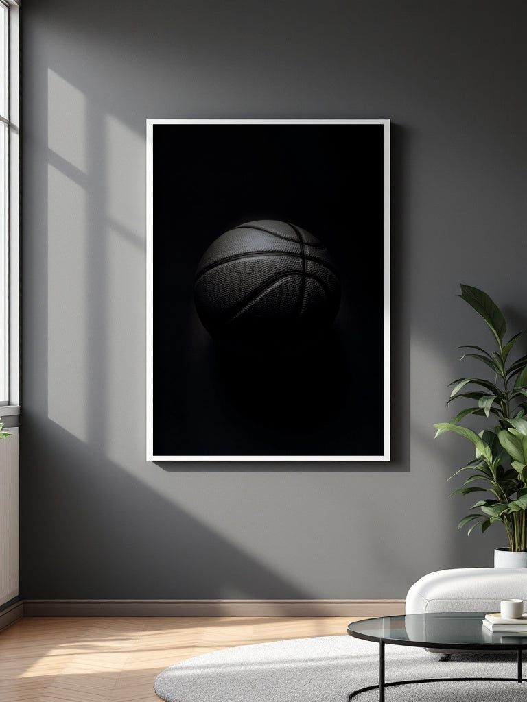 A framed wall art print featuring a dark basketball on a black background, hung on a gray wall in a modern living room setting with a plant and white sofa visible.