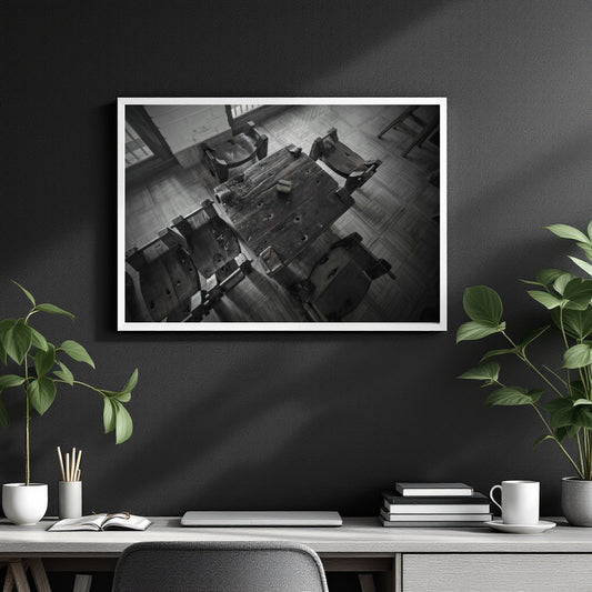 A framed black and white art print depicting a high-angle view of a rustic wooden table and chairs, displayed on a dark gray wall above a styled desk with plants and books.