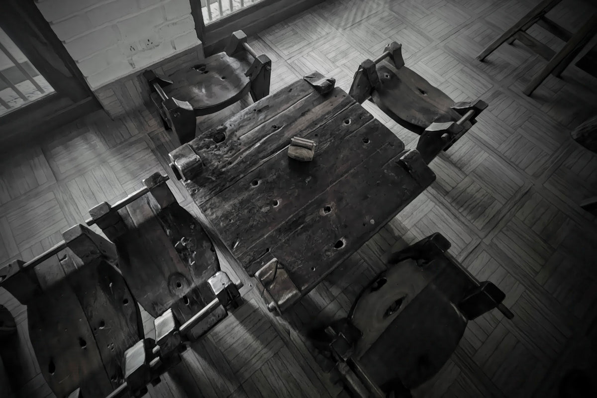 A high-angle black and white photograph of a rustic wooden table surrounded by several worn wooden chairs in a dimly lit room with tiled flooring.