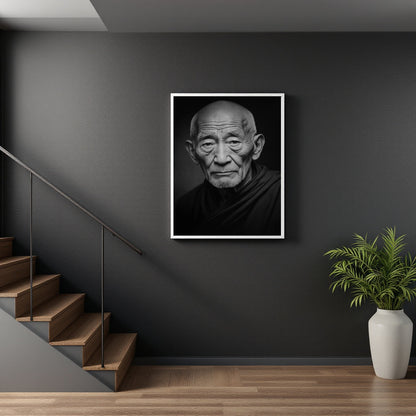 A framed black and white portrait print of an elderly man hangs on a dark gray wall in a modern interior setting with wooden stairs on the left and a potted green plant in a white vase on the right.