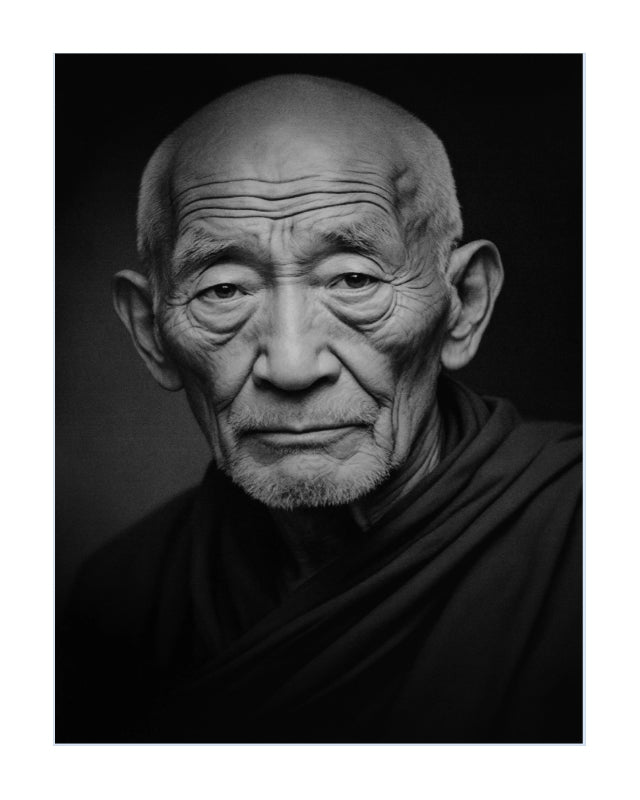 Black and white portrait print of an elderly man with a shaved head and deep facial wrinkles, wearing dark draped clothing against a dark background.