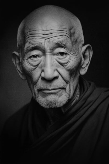 Black and white close-up portrait of an elderly bald man with deep facial wrinkles, wearing dark draped clothing against a dark background.