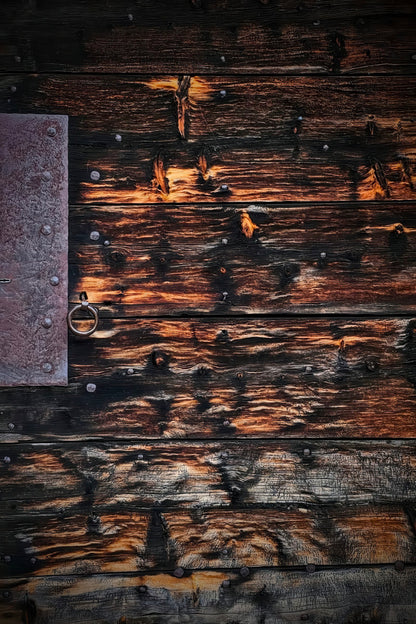 Close-up of a rustic dark wooden door with weathered planks, visible grain, nail heads, and a metal knocker on the left.