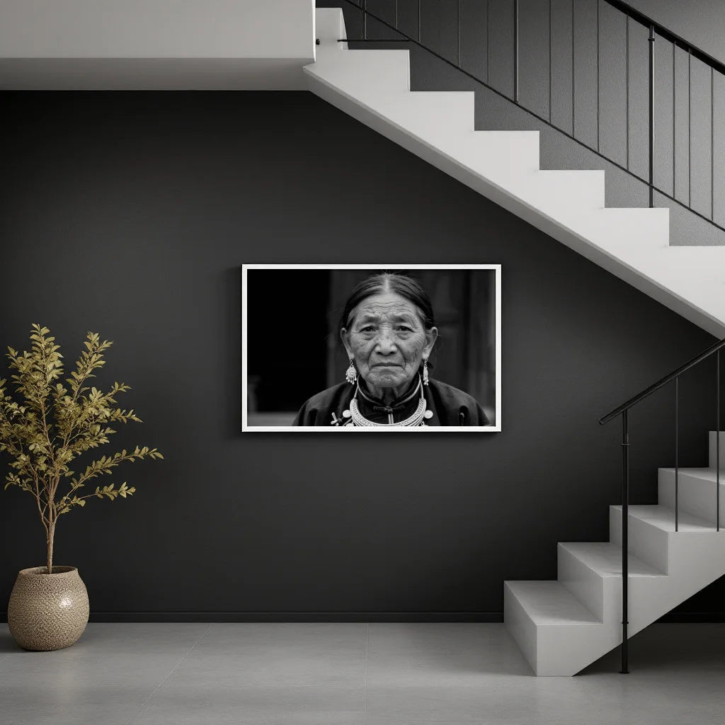 A black and white framed portrait print of an elderly woman with long hair and earrings, displayed on a dark gray wall in a modern interior setting with a staircase and a potted plant.