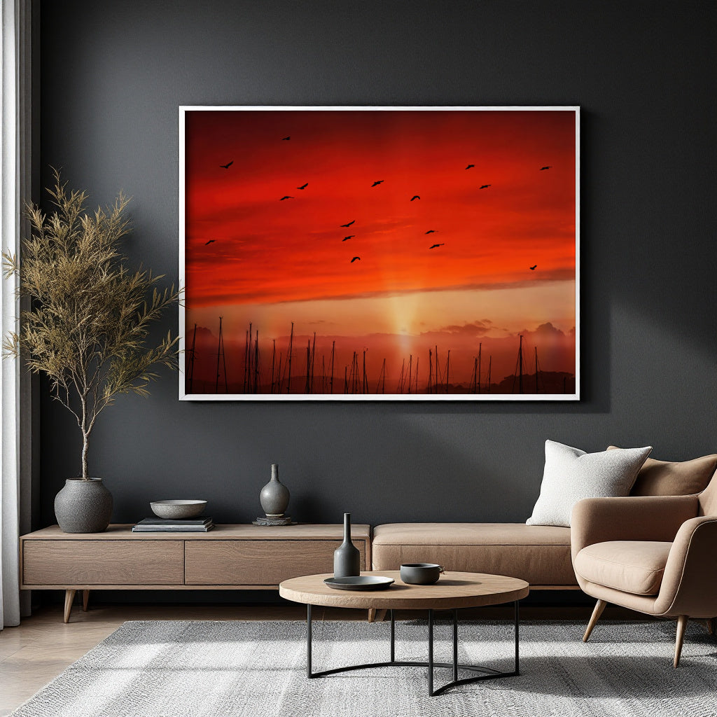 A large framed wall art print showing a vivid red and orange sunset sky with small bird silhouettes and a dark horizon, displayed above a sofa in a modern living room.