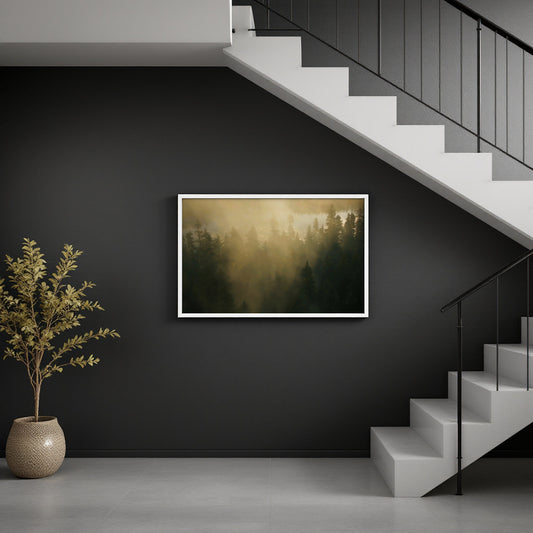 A framed landscape art print depicting a misty pine forest in warm golden light, displayed on a dark charcoal wall in a modern interior setting with a staircase and a potted plant.