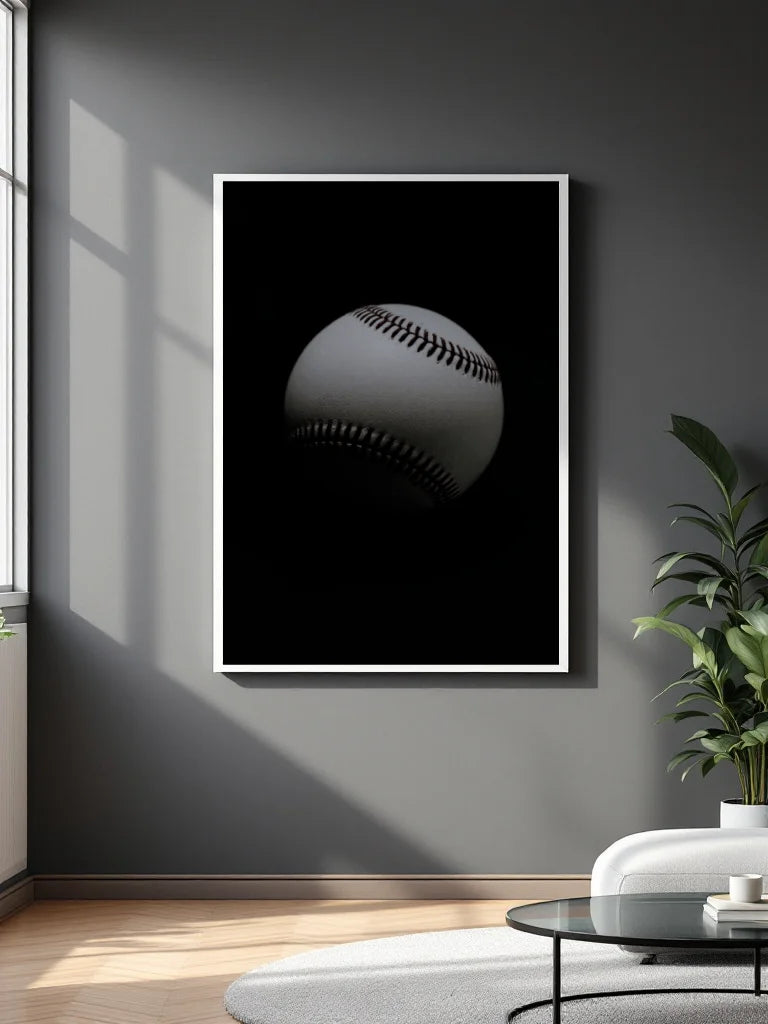 A vertical framed wall art print featuring a close-up baseball on a black background, displayed on a dark gray wall in a modern living room setting with a plant and white sofa.