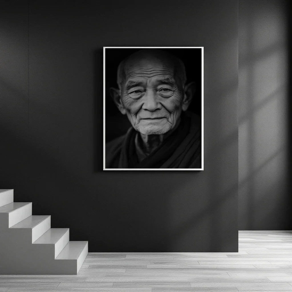 A black and white framed portrait print of an elderly man hanging on a dark wall in a modern interior with light wood flooring and a staircase.