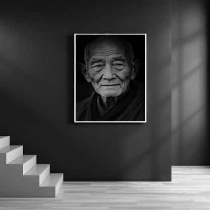 A black and white framed portrait print of an elderly man hanging on a dark wall in a modern interior with light wood flooring and a staircase.