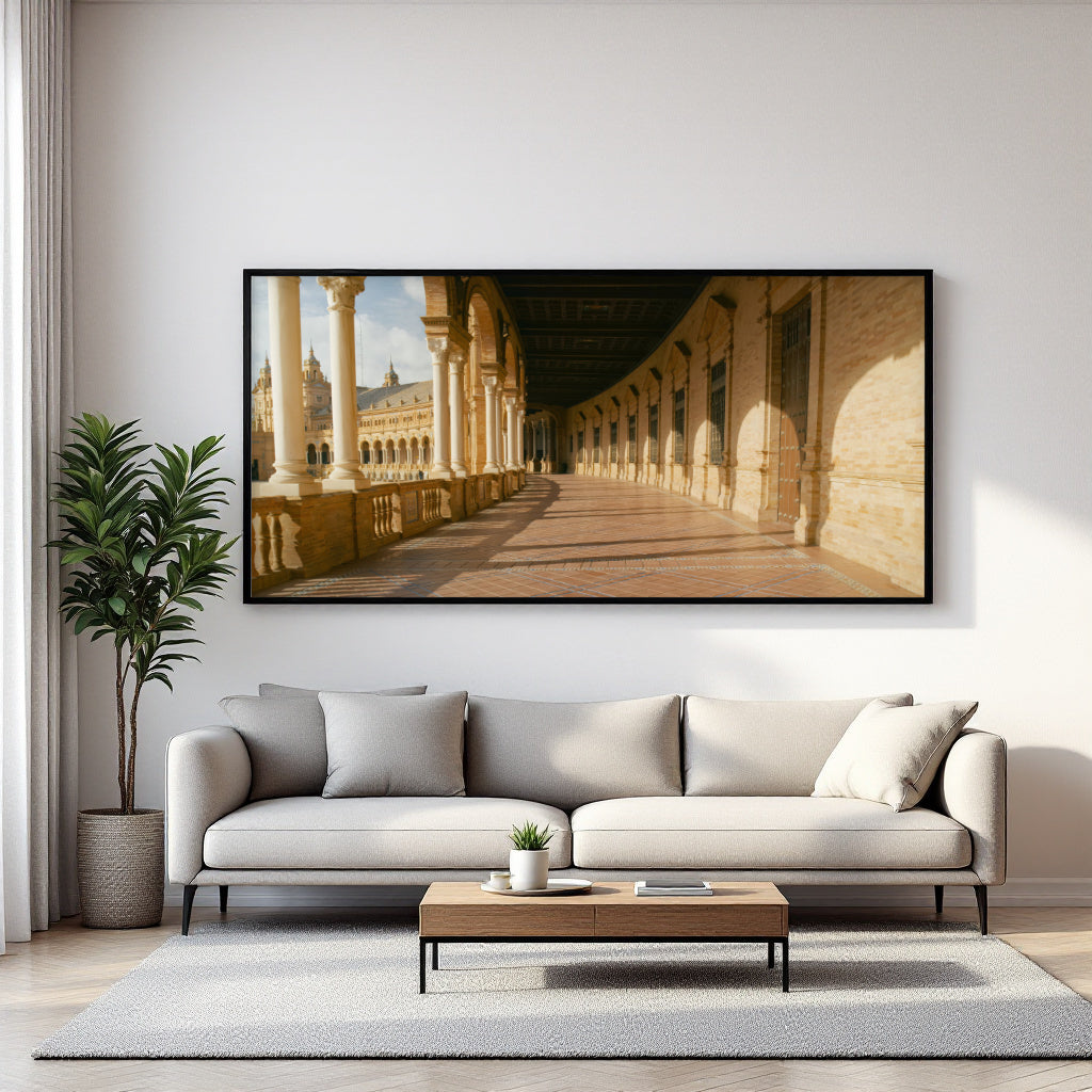 A large horizontal framed wall art print showing a sunlit colonnade with arches and columns, displayed above a light gray sofa in a modern living room setting.