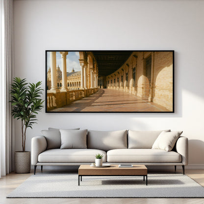 A large horizontal framed wall art print showing a sunlit colonnade with arches and columns, displayed above a light gray sofa in a modern living room setting.