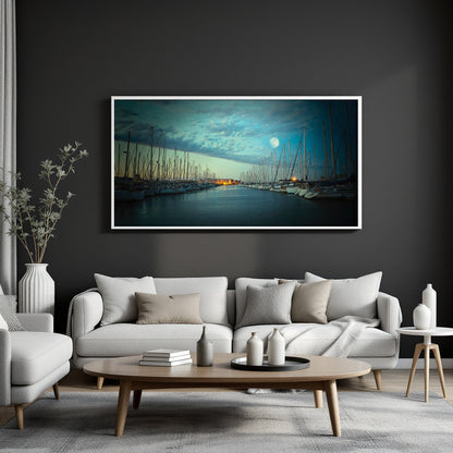 A framed horizontal canvas print of a serene harbor marina at night under a full moon, displayed on a dark gray wall above a modern white sofa in a styled living room.