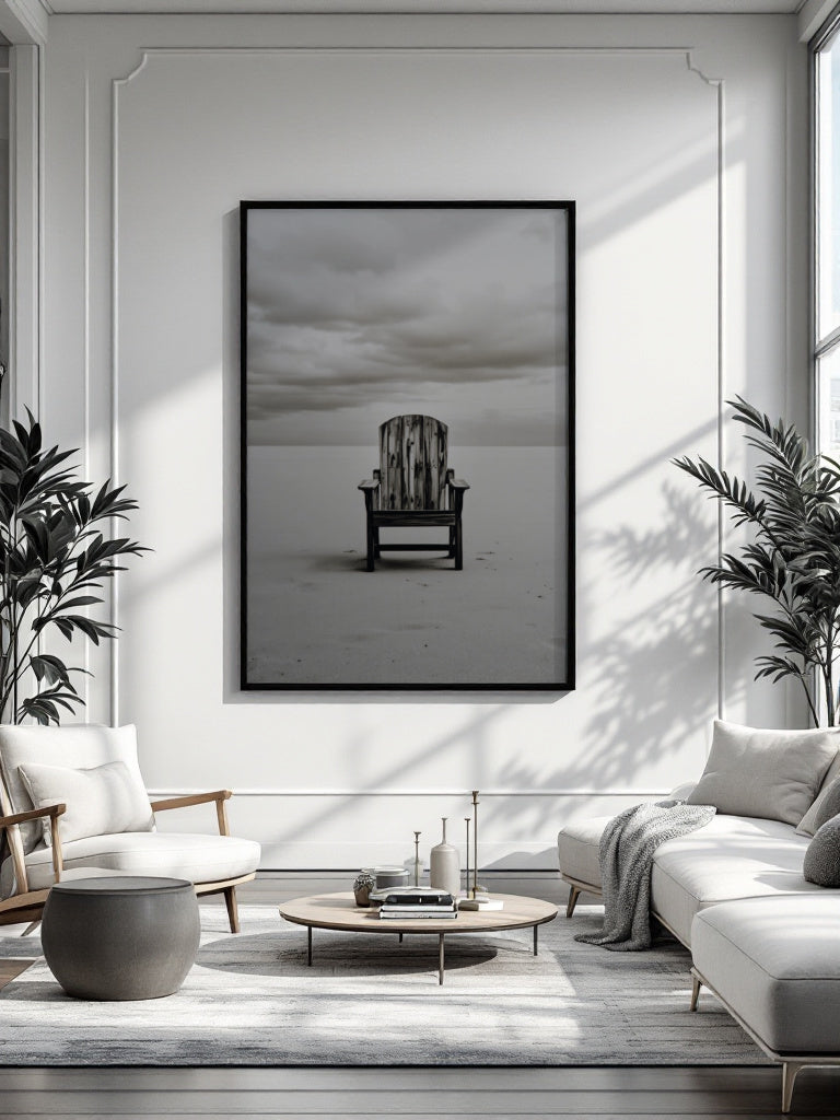 A framed black and white art print of a single wooden chair on a beach, displayed on a white wall in a modern, sunlit living room with a sofa, armchair, coffee table, and potted plants.