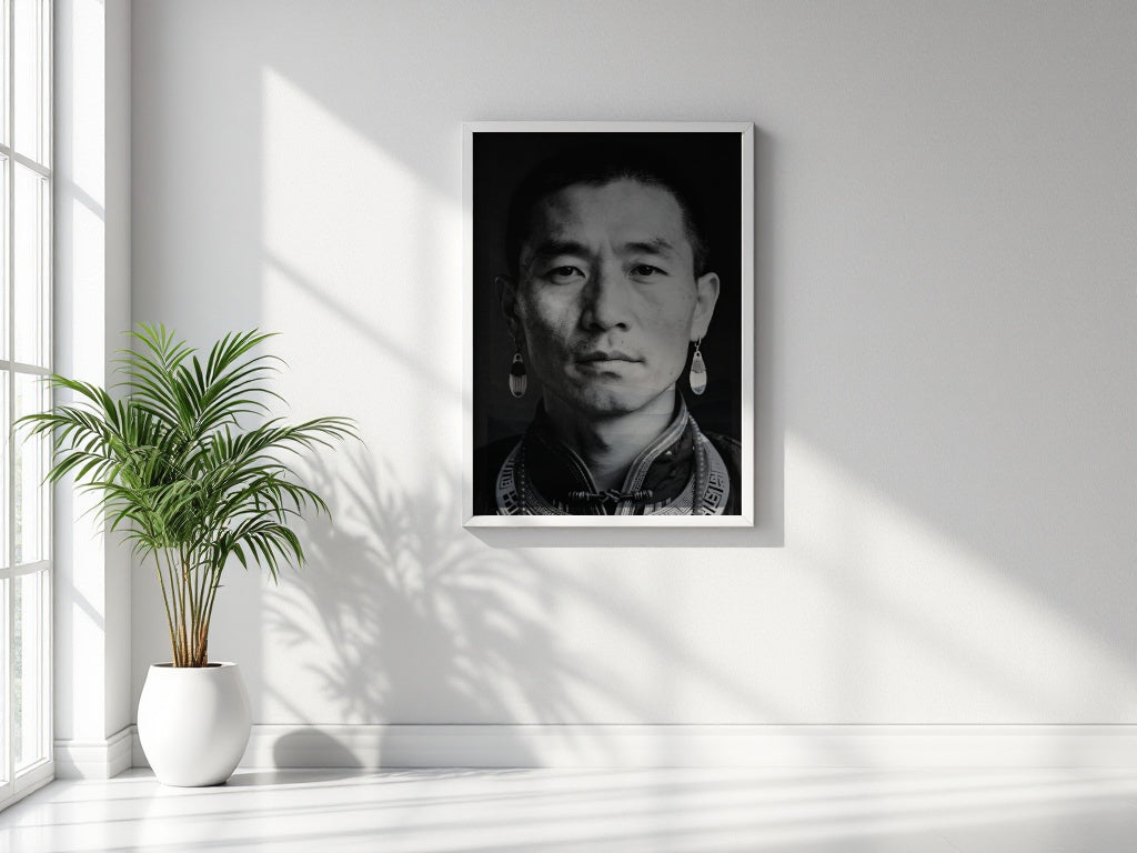 A framed black and white portrait print of a man with traditional earrings, displayed on a light gray wall in a bright room with a potted plant and window shadows.