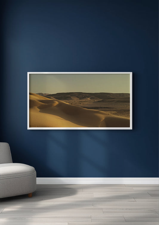 The Long Desert Dream panoramic fine-art landscape print displayed in a premium framed interior mock-up