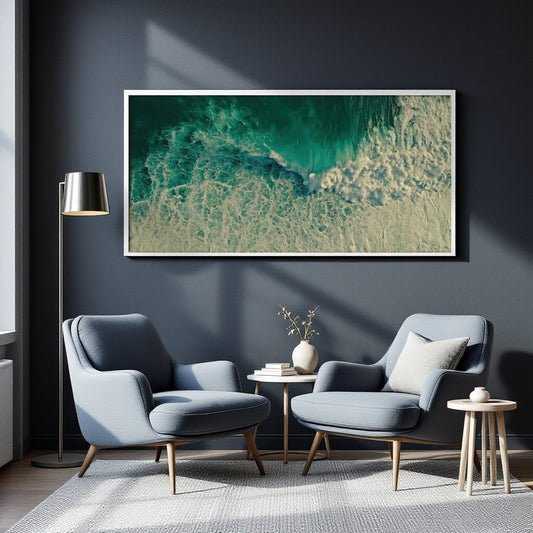 A large framed abstract art print depicting turquoise and beige ocean waves, displayed on a dark gray wall in a modern living room setting with two blue armchairs, a floor lamp, and a side table.