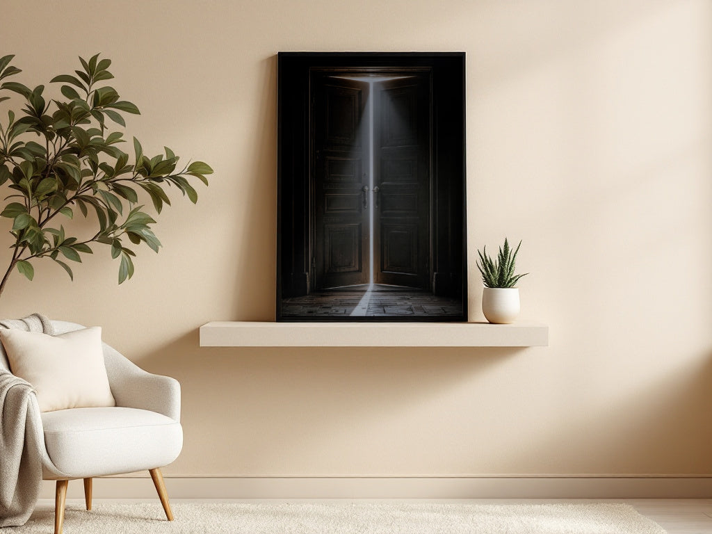 A framed wall art print depicting a dark wooden door with a bright beam of light shining through, displayed on a white floating shelf in a modern beige living room setting.
