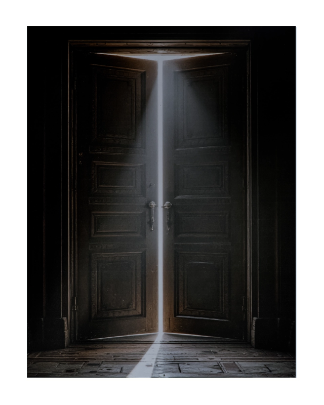 A dark double door stands open in a dim interior, with a bright beam of light shining through the center onto a floor. The image is presented with a white border around the artwork.