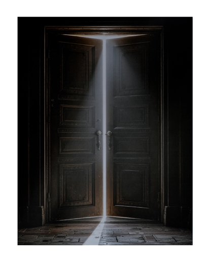A dark double door stands open in a dim interior, with a bright beam of light shining through the center onto a floor. The image is presented with a white border around the artwork.