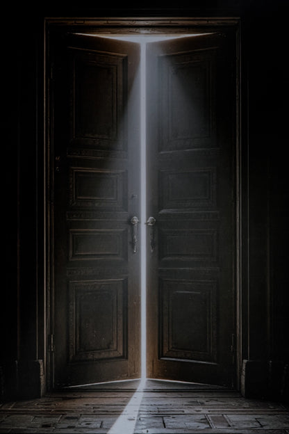 Dark double wooden doors opening into a brightly lit room, with a beam of light shining down the center onto a worn wooden floor.