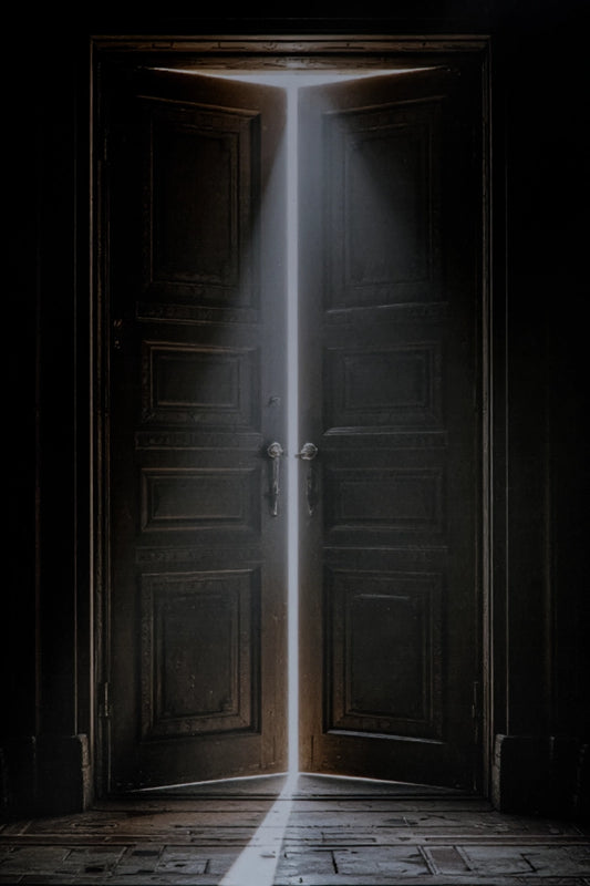 Dark double wooden doors opening into a brightly lit room, with a beam of light shining down the center onto a worn wooden floor.
