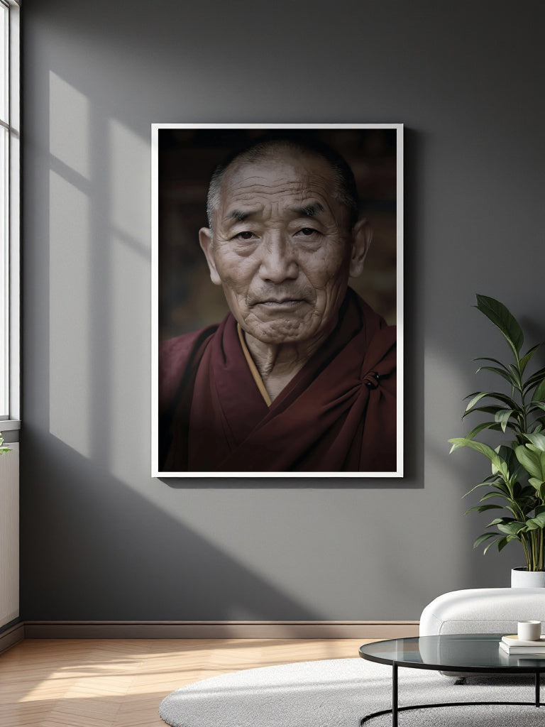 A framed vertical portrait print of an elderly man in maroon robes, displayed on a dark gray wall in a modern living room setting with a plant and coffee table.