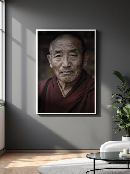 A framed vertical portrait print of an elderly man in maroon robes, displayed on a dark gray wall in a modern living room setting with a plant and coffee table.
