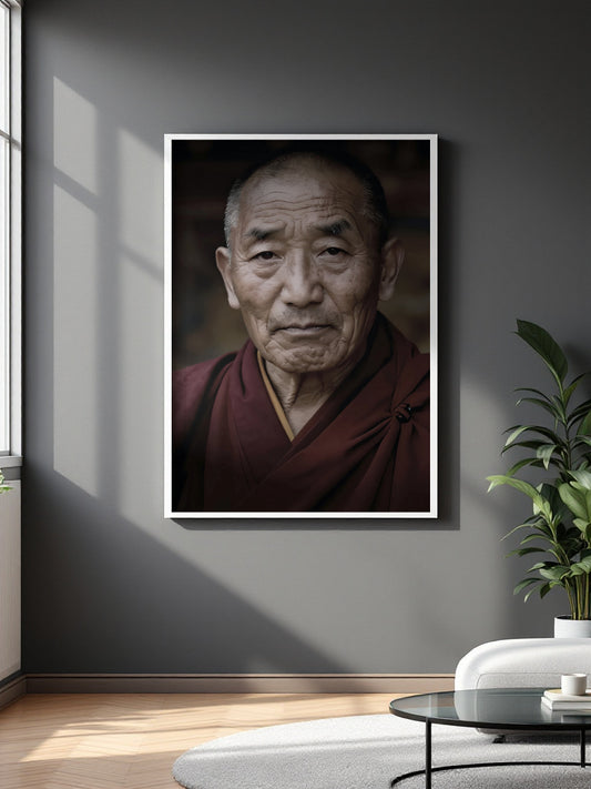 A framed vertical portrait print of an elderly man in maroon robes, displayed on a dark gray wall in a modern living room setting with a plant and coffee table.