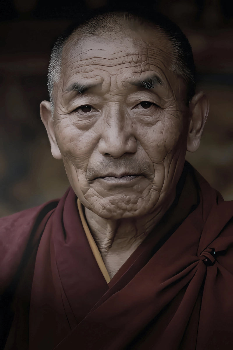 A close-up portrait of an elderly man with deep facial wrinkles, wearing a dark red maroon robe against a dark, blurred background.