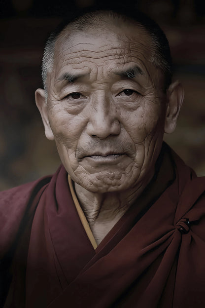 A close-up portrait of an elderly man with deep facial wrinkles, wearing a dark red maroon robe against a dark, blurred background.