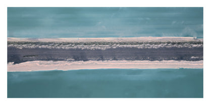 An abstract landscape-style artwork showing a narrow horizontal strip of pale pink sand or dune between bands of dark gray and teal-blue water or sky.
