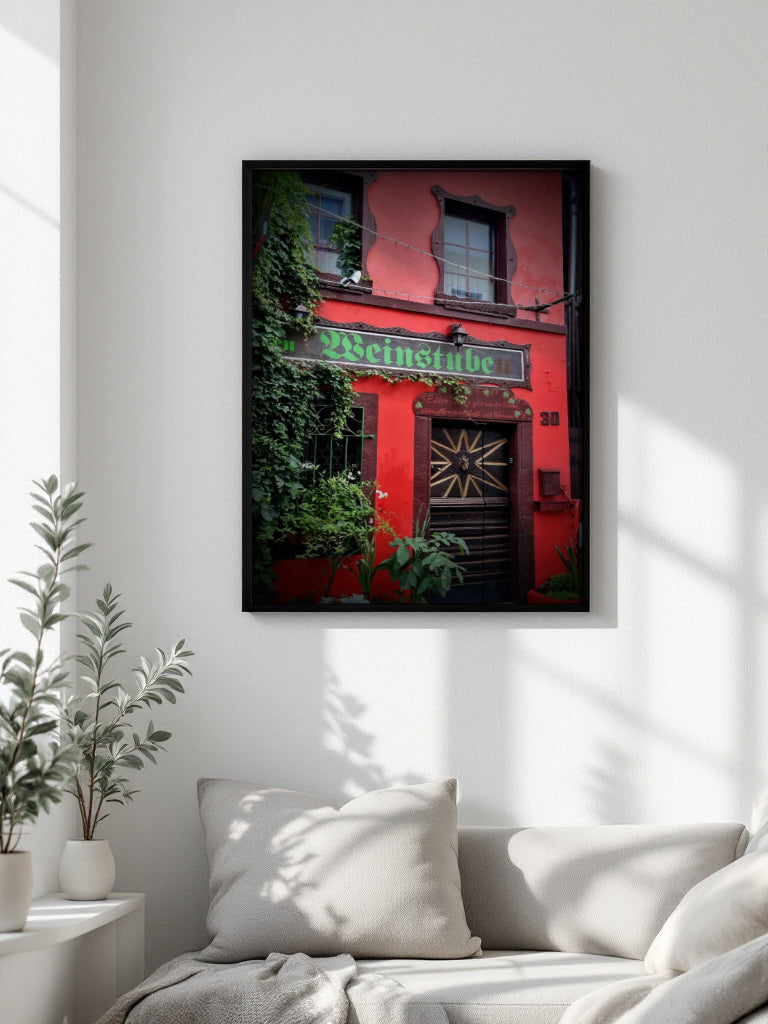A framed wall art print depicting a red building facade with green ivy and a green sign reading 'Reinsieduc', displayed above a light-colored sofa in a bright, modern room.