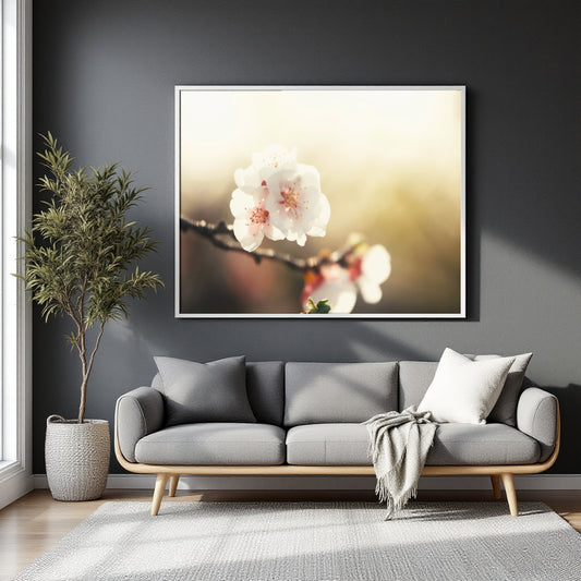 A framed wall art print featuring white cherry blossoms on a soft golden background, displayed above a gray sofa in a modern living room setting.