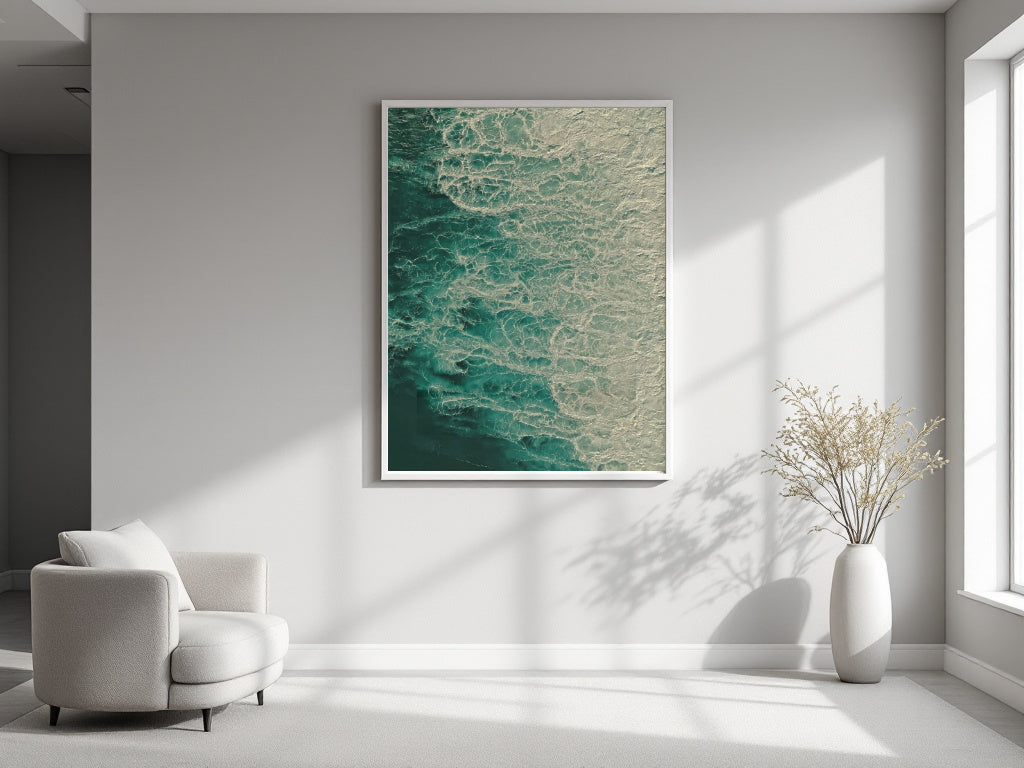 A framed abstract wall art print showing teal and cream ocean-like waves, displayed on a light gray wall in a modern living room with a white armchair, vase, and window light.
