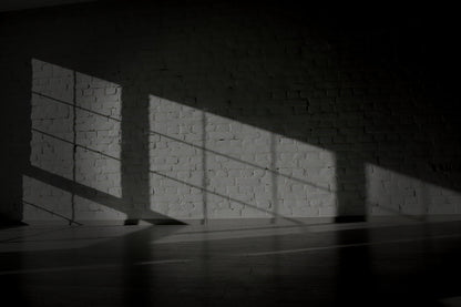 A moody black and white photograph of a white brick wall with dramatic, sharp window shadows cast across the surface and floor.