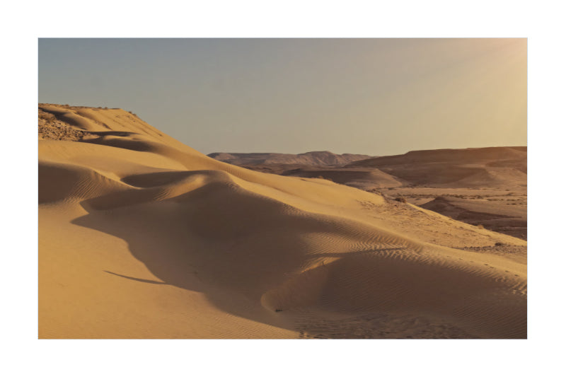 A scenic photograph of rolling sand dunes in a desert landscape under a pale sky, with warm golden light and soft shadows.